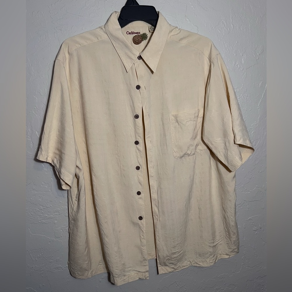 CARIBBEAN YELLOW SHORT SLEEVE SHIRT SIZE 2X 100% SILK